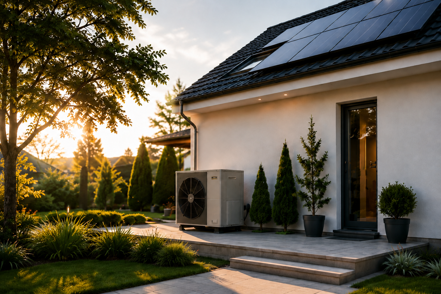 Elegante Vektor-Illustration eines Hauses mit Wärmepumpe und Photovoltaik